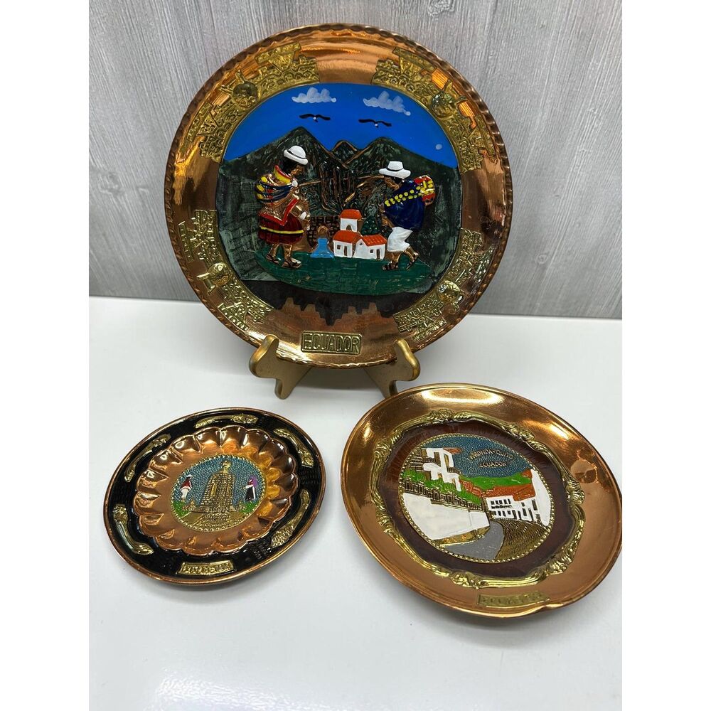 Ecuador Hand Painted Wall Plates Set 3 Folk Art Scenic Decor